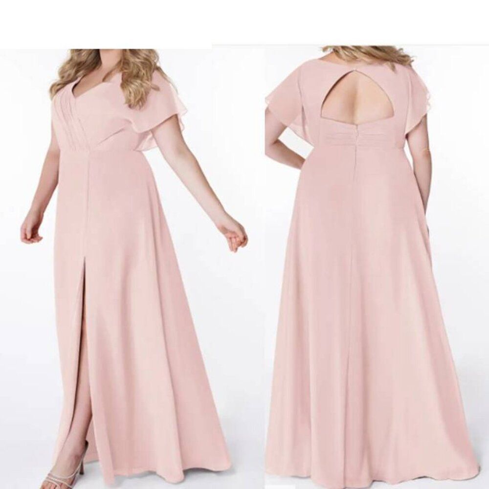 Azazie Chiffon Maxi Dress Softly Bodice Rylee Batwing Sleeve Rose Petals Size 14
